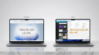 So sánh giao diện Chrome đầy tab và giao diện ứng dụng sạch bóng không thanh địa chỉ.