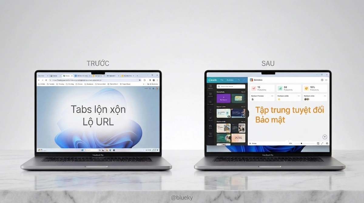 So sánh giao diện Chrome đầy tab và giao diện ứng dụng sạch bóng không thanh địa chỉ.