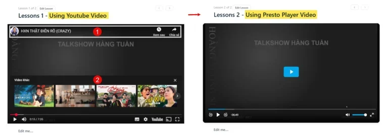 Comparison between standard YouTube embed with ads versus clean Presto Player interface on FluentCommunity.