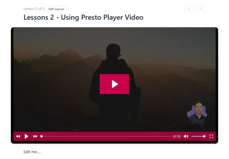 Final result showing a Presto Player video successfully embedded inside a FluentCommunity course lesson.