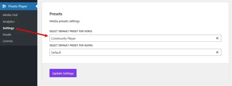 Selecting the custom "Community Player" preset in Presto Player settings to hide YouTube UI.