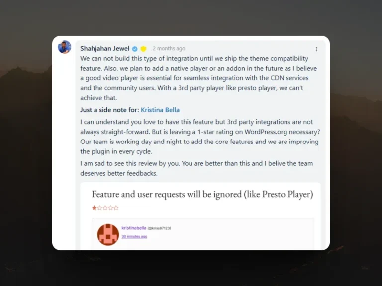 FluentCommunity CEO Shahjahan Jewel explaining why native Presto Player integration is not yet available.