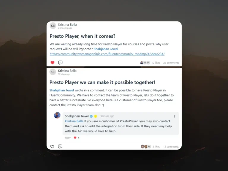 Screenshot of users requesting Presto Player integration in the FluentCommunity support forum.